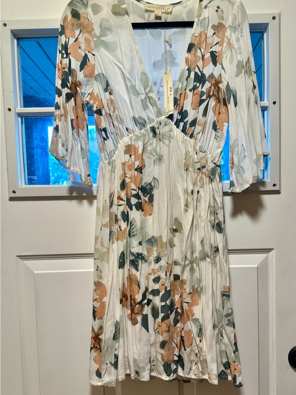 lovestitch White Floral V-Neck Dress with Peach & Green Print